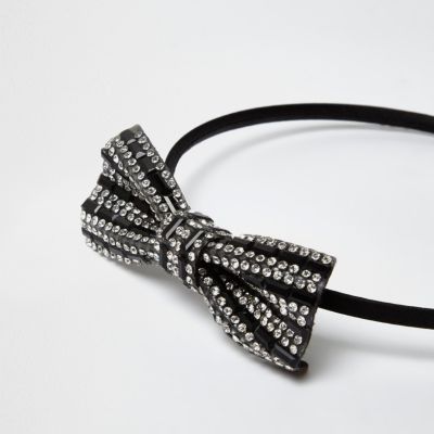 Girls black diamant&#233; bow hairband